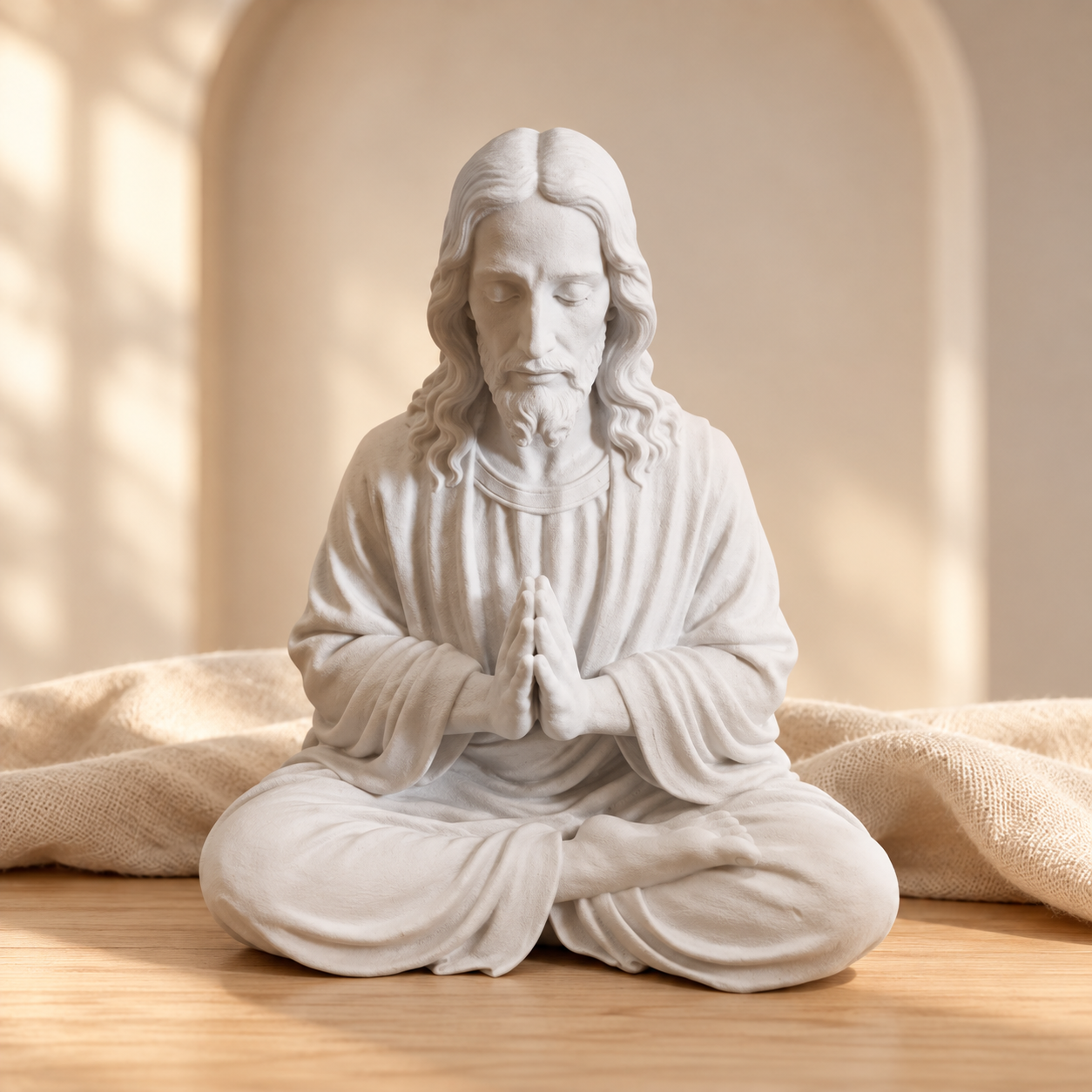 Jesus em oração: escultura em cenário claro com luz suave