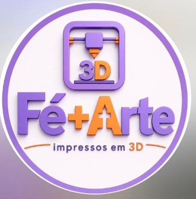 Logo Fé+Arte, impressos em 3D, nas cores roxa e laranja