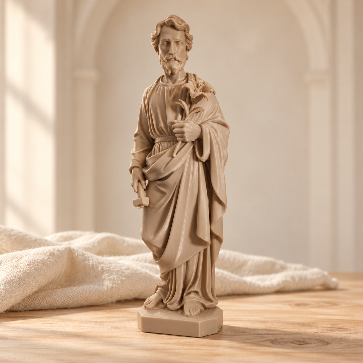 Imagem de santo com lírios: escultura em cenário claro com luz suave